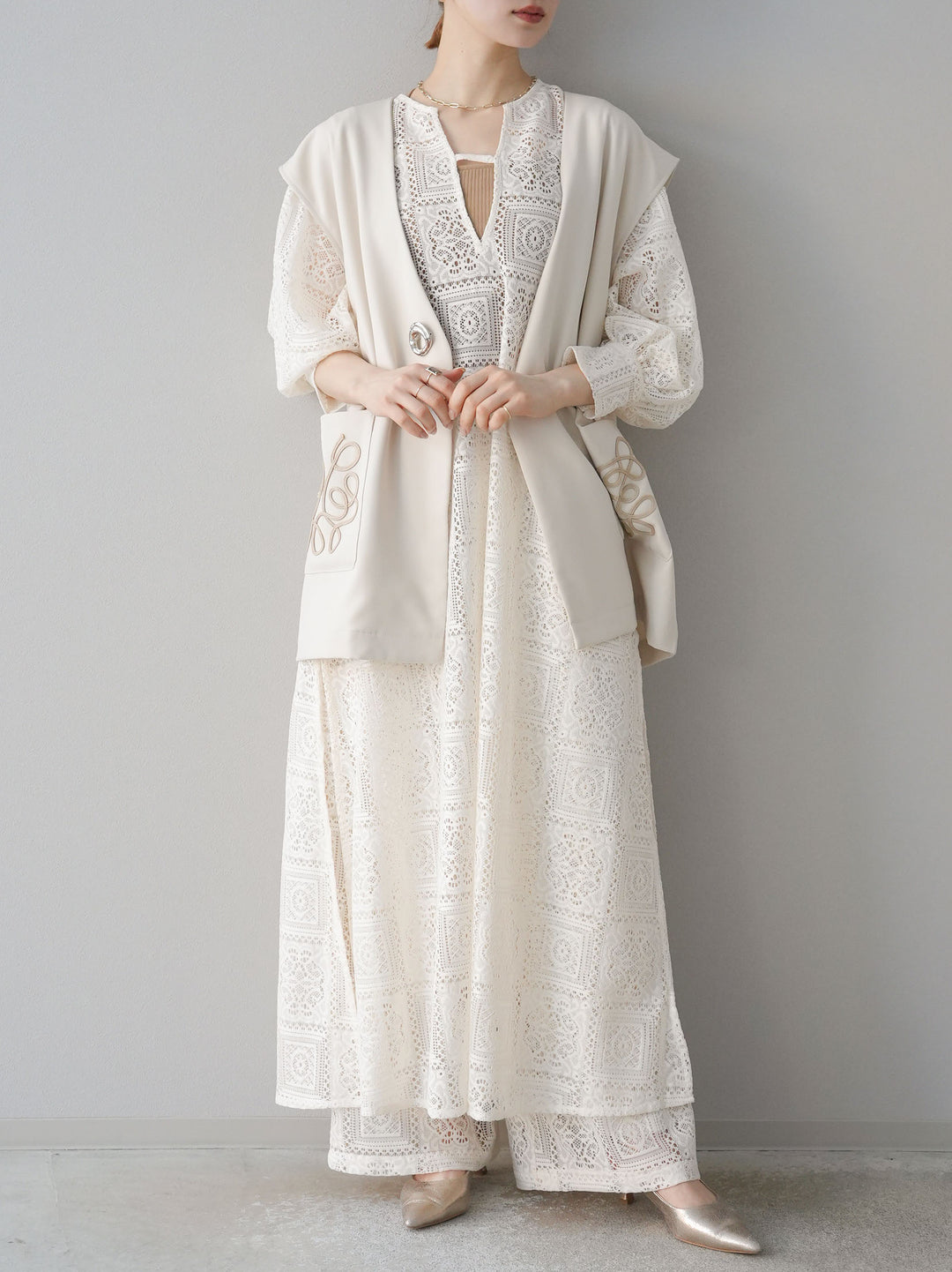 [予約]ブロックレースワイドパンツ/アイボリー