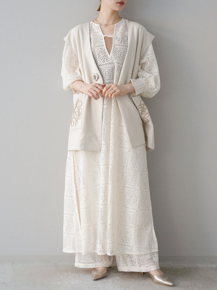 [予約]ブロックレースワイドパンツ/アイボリー