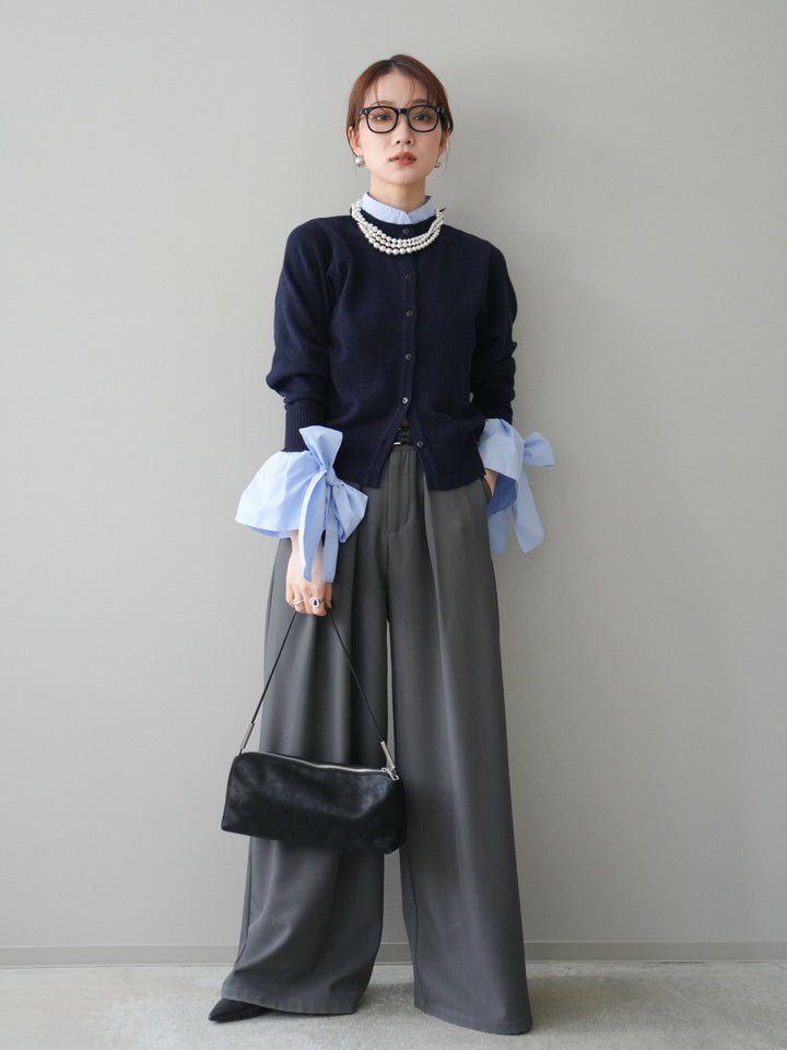 [予約]ウールライクリボンシャツカーディガン/navy