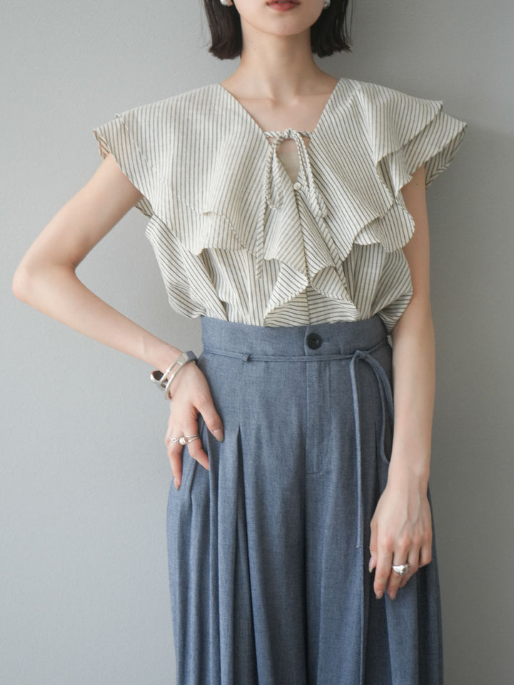 [予約]リネンライクストライプラッフルブラウス/ホワイト