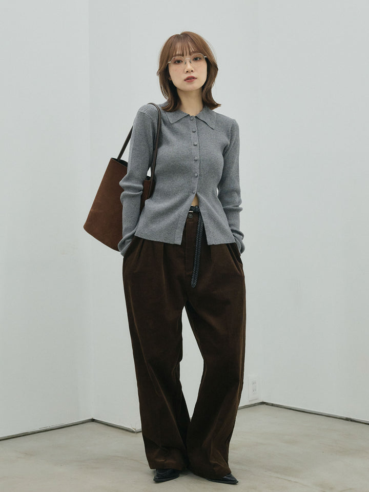 【Allure】[SET]くるみボタンポロリブニットトップス+コーデュロイタックワイドパンツ(2set)