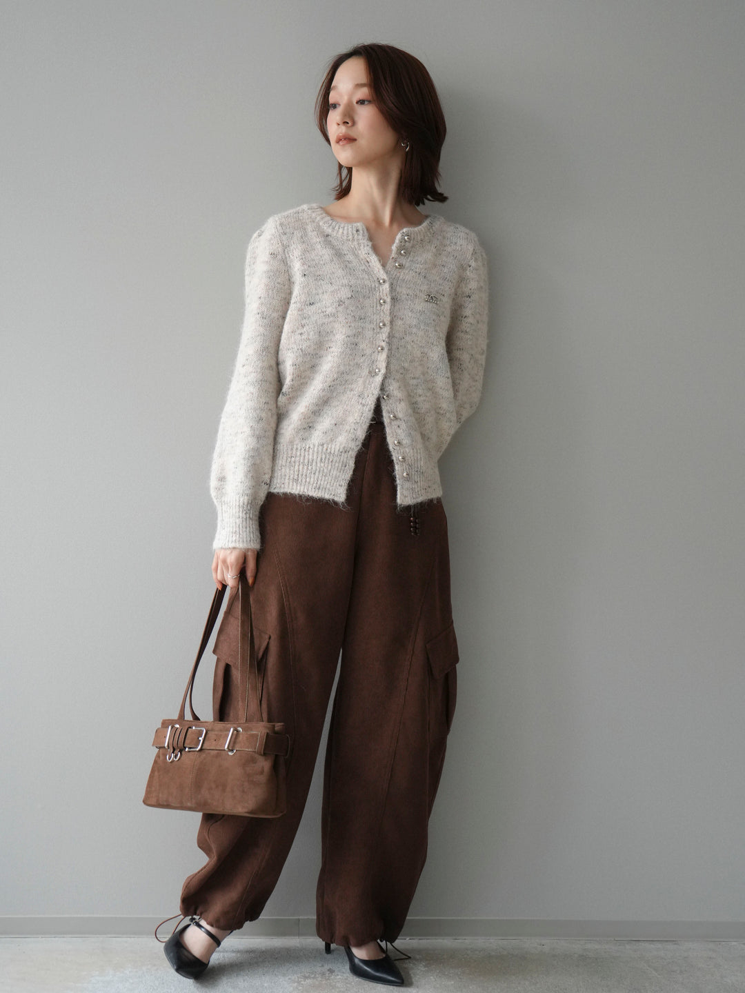 [予約]ブローチ付silverボタンミックスニットカーディガン/beige