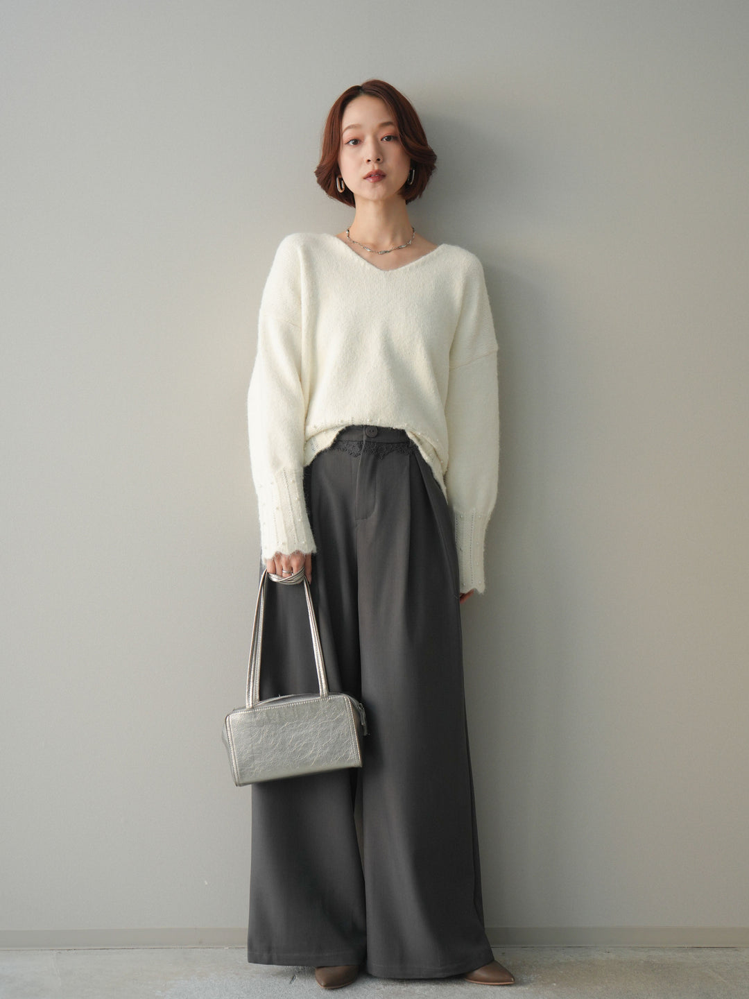 [予約]ウエストレースタックワイドパンツ/gray