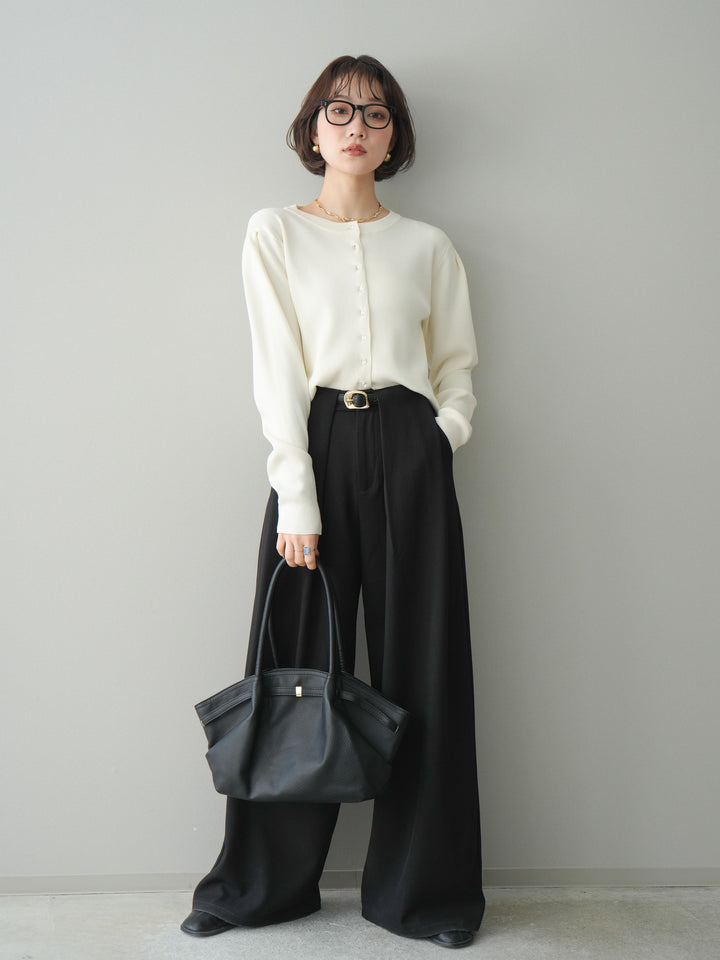 [SET]クリアボタンタックニットカーディガン+ベルトループデザインワイドパンツ(2set)