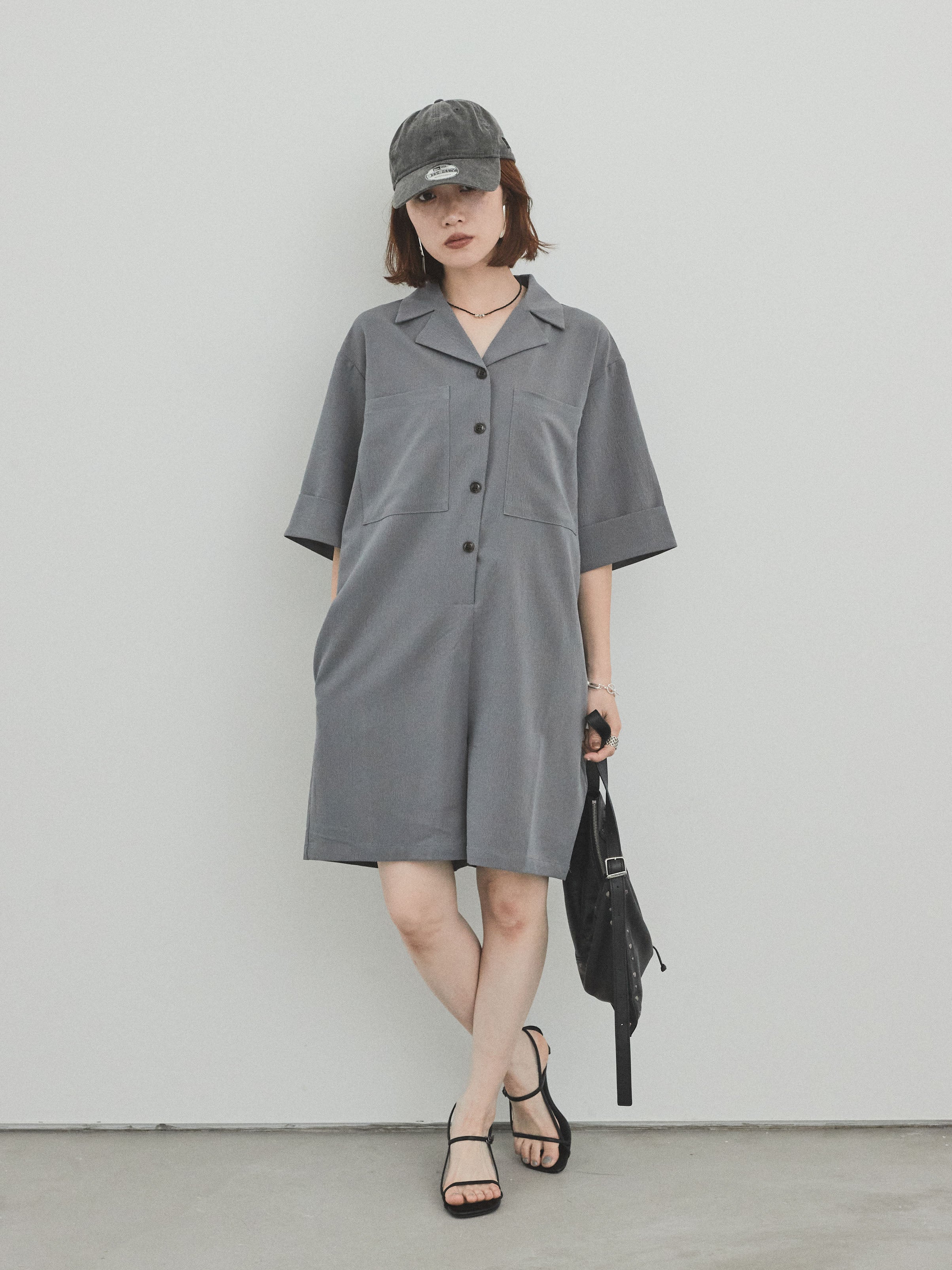 予約]クレープシフォンシャツロンパース/グレー – Lumier