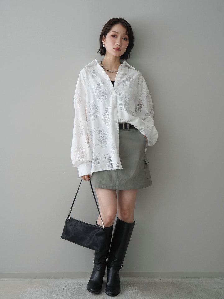 【套裝】提花蕾絲罩衫+繫帶工裝迷你裙（兩件套）