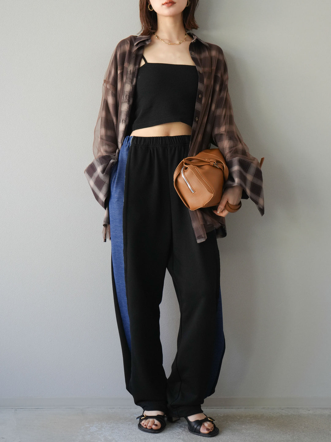 [套裝] 薄紗對接格紋寬鬆襯衫 + 牛仔布 Switch 2-Way 設計運動褲 (2 套)