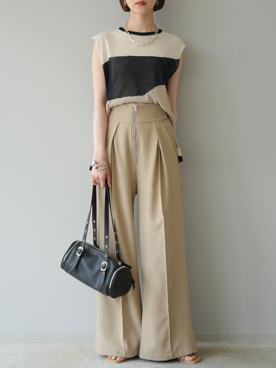 [SET]バイカラーシアーニットノースリーブ+ジップタックワイドパンツ(2set)