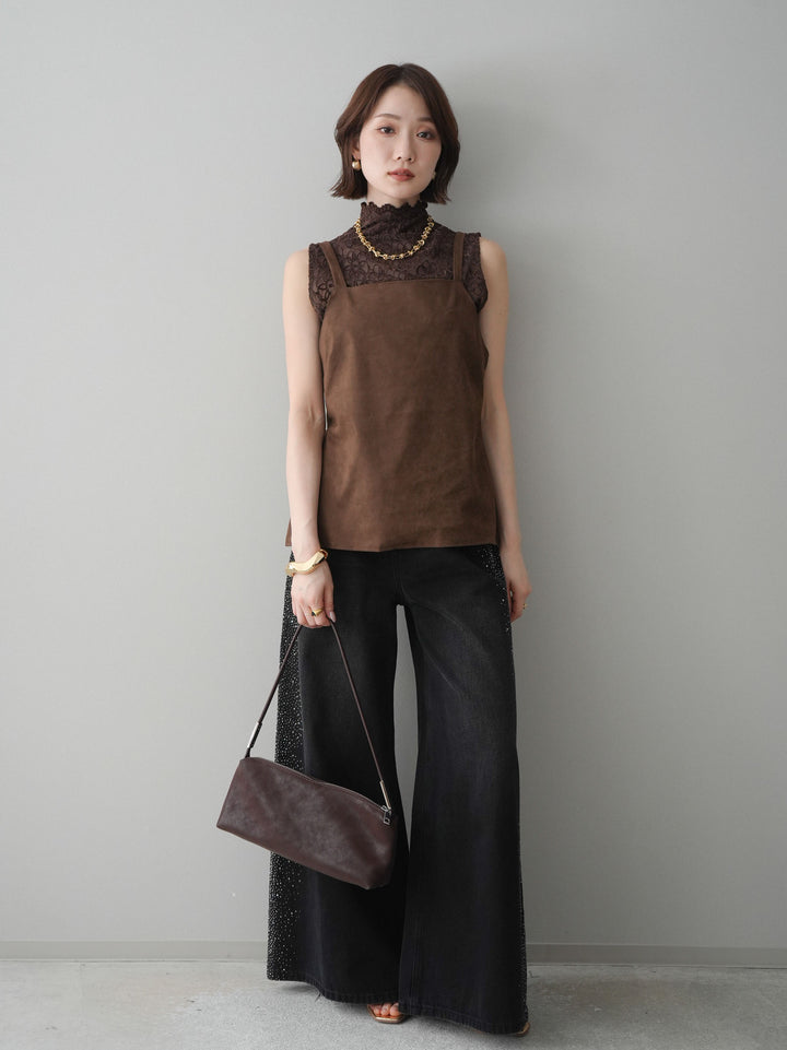 [予約]サイドビジューワイドデニムパンツ/black