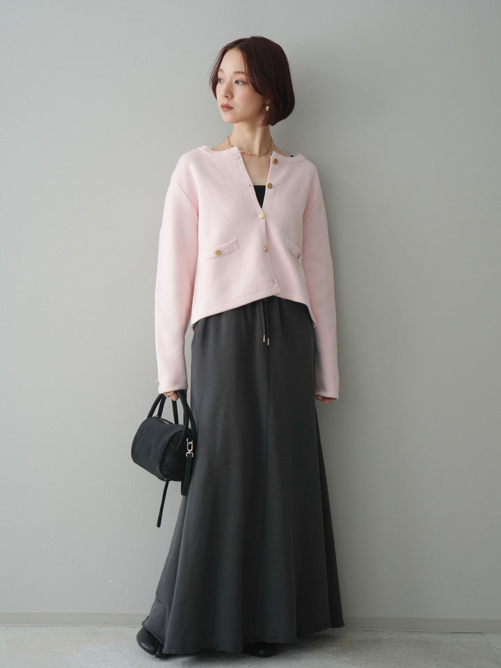 [SET]ゴールドボタンノーカラーニットジャケット+スウェットフレアロングスカート(2set)