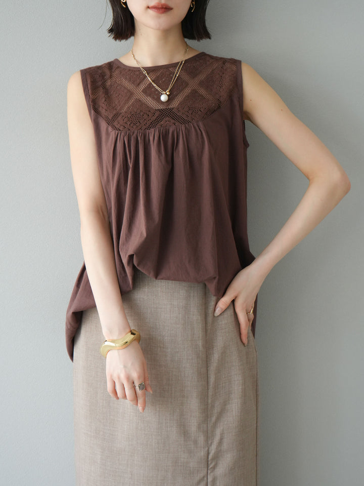 [予約]インド製コットンレース切替ノースリブラウス/ブラウン