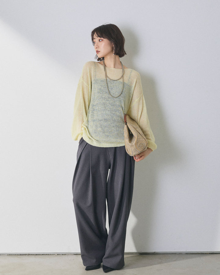 [予約]モヘアタッチ透かし編みボートネックニットプルオーバー/yellow