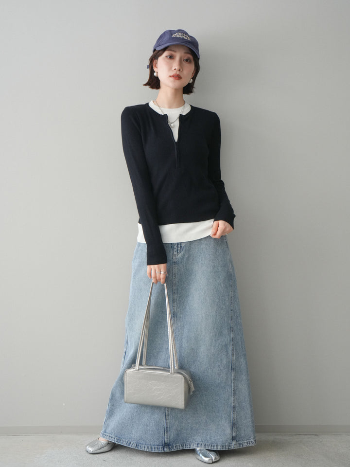 [予約]フロントジップ配色レイヤードニットトップス/navy