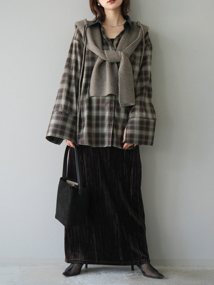 [SET]レザー襟オンブレチェックオーバーシャツ +ループデザインホックベスト +クラッシュベロアナロースカート(3set)