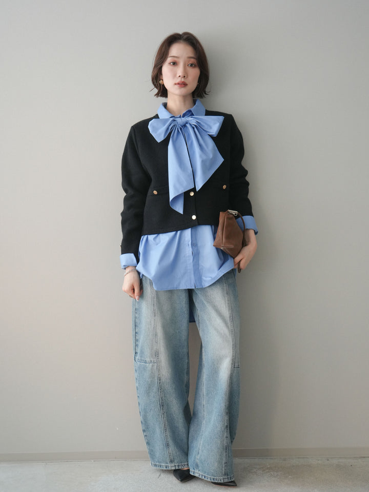 [SET]ゴールドボタンノーカラーニットジャケット+選べるアクセセット(2set)