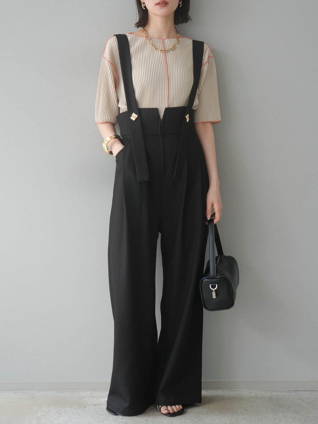 【SET】配色褶皺半袖上衣 + 配色褶皺半袖上衣 (2 件套)