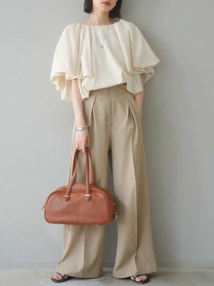 [SET] 燈籠袖褶襉設計上衣 + 拉鍊褶襉寬褲 (2 套)