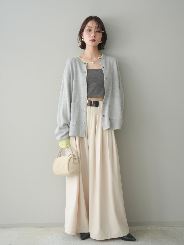 [SET]バイカラーオーバーニットカーディガン+タックベルトループワイドパンツ(2set)