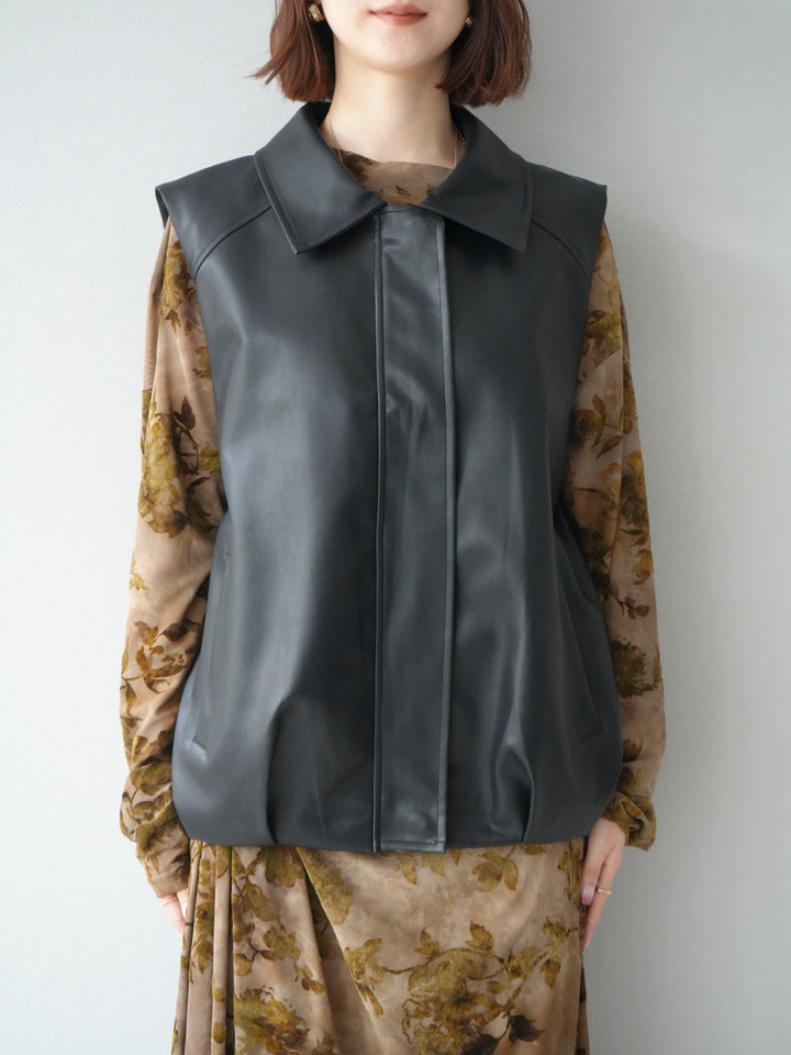 [予約]タックヘムレザーベスト/ブラック