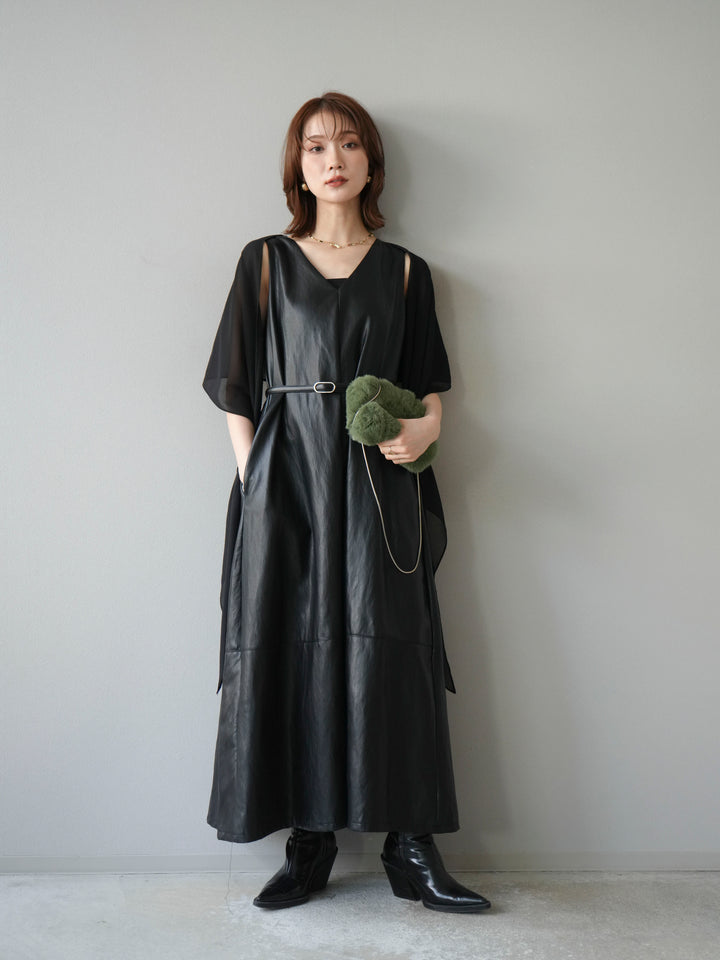 [予約]レザーAラインワンピース/ブラック