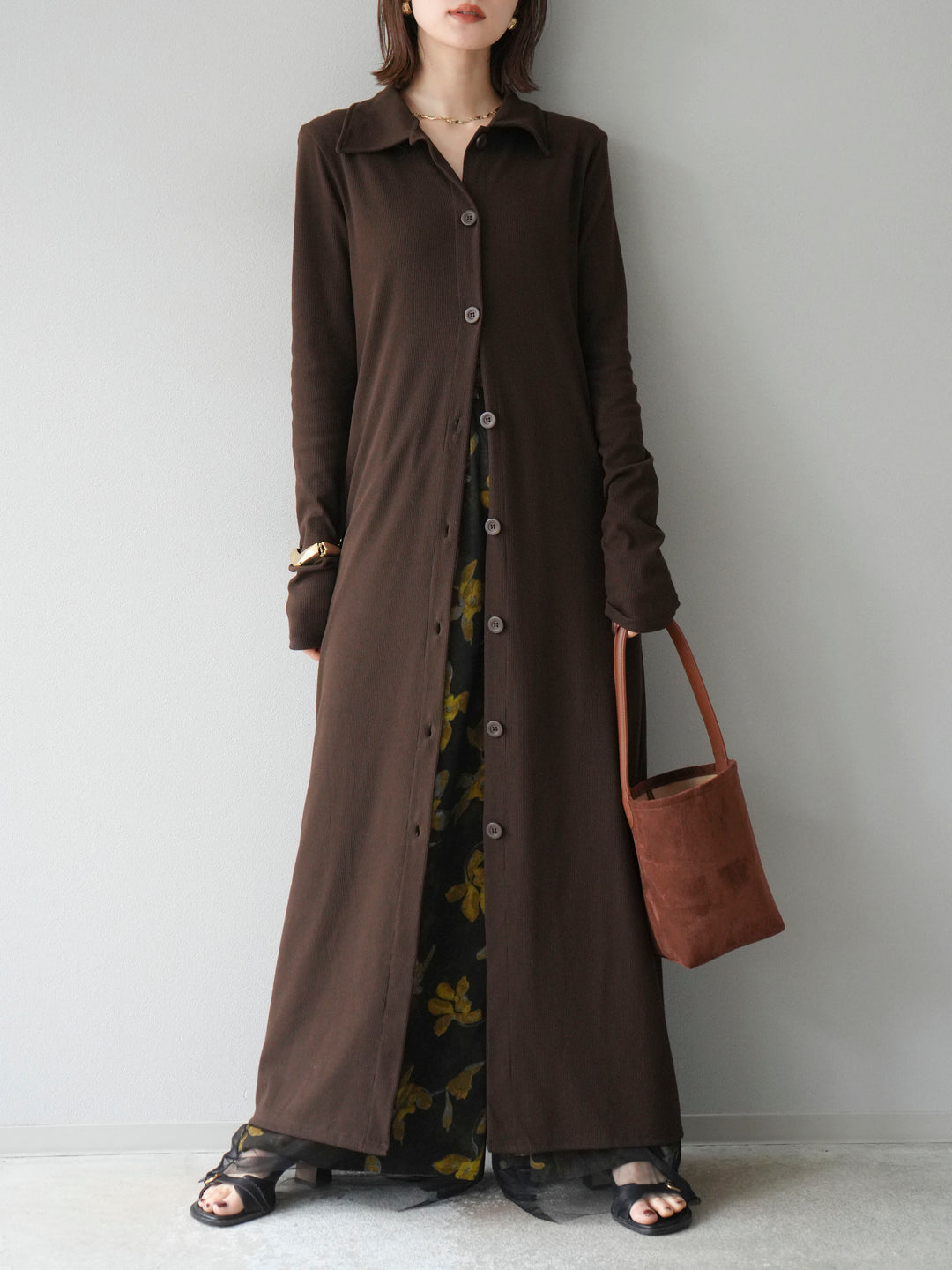 [SET]襟付きカットリブボタンワンピース+フラワープリントチュールレイヤードパンツ(2set)