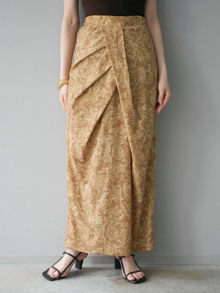 [予約]ペイズリープリントタックIラインスカート/ベージュ