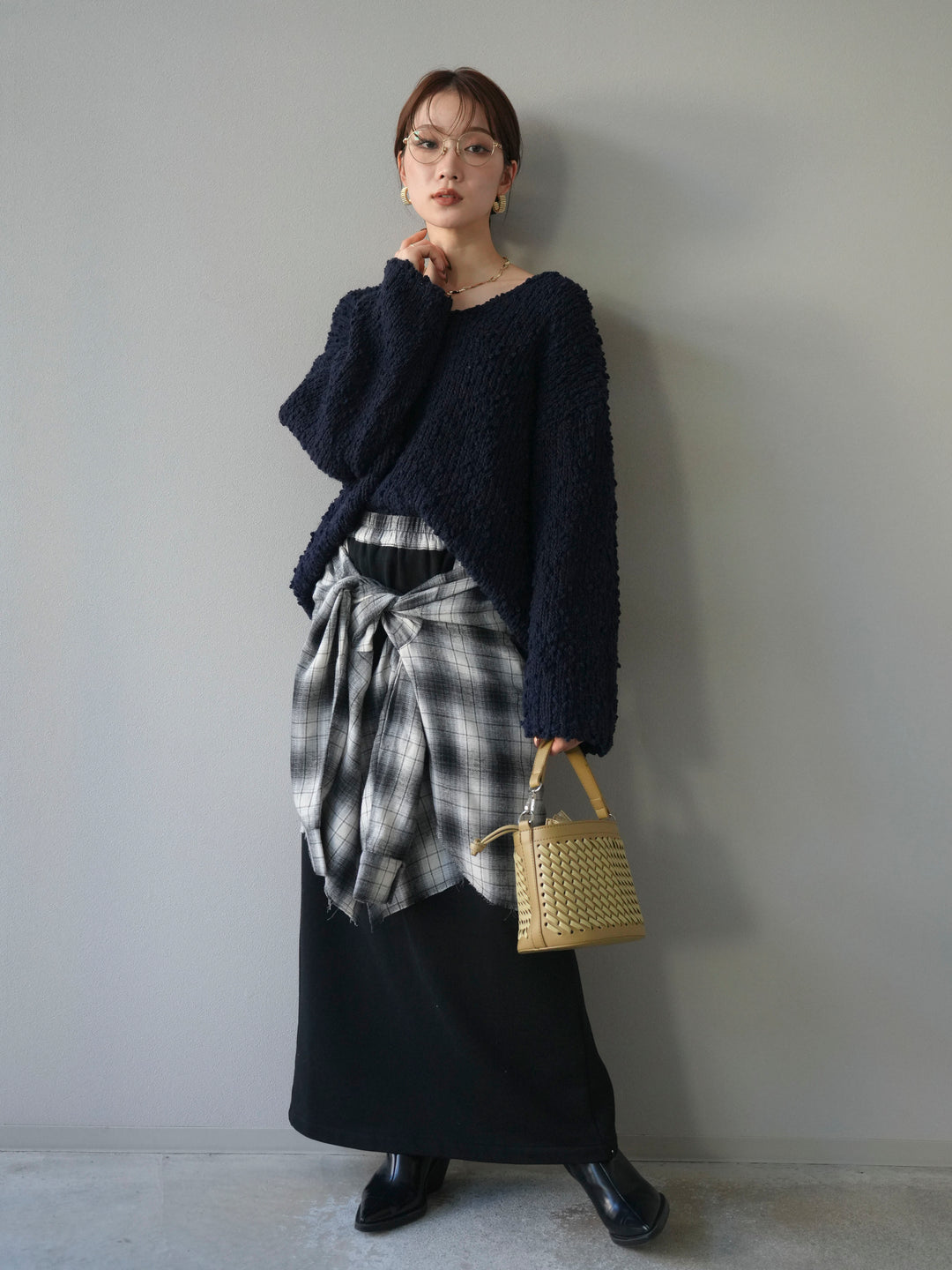 [予約]メランジポコポコニットプルオーバー/navy