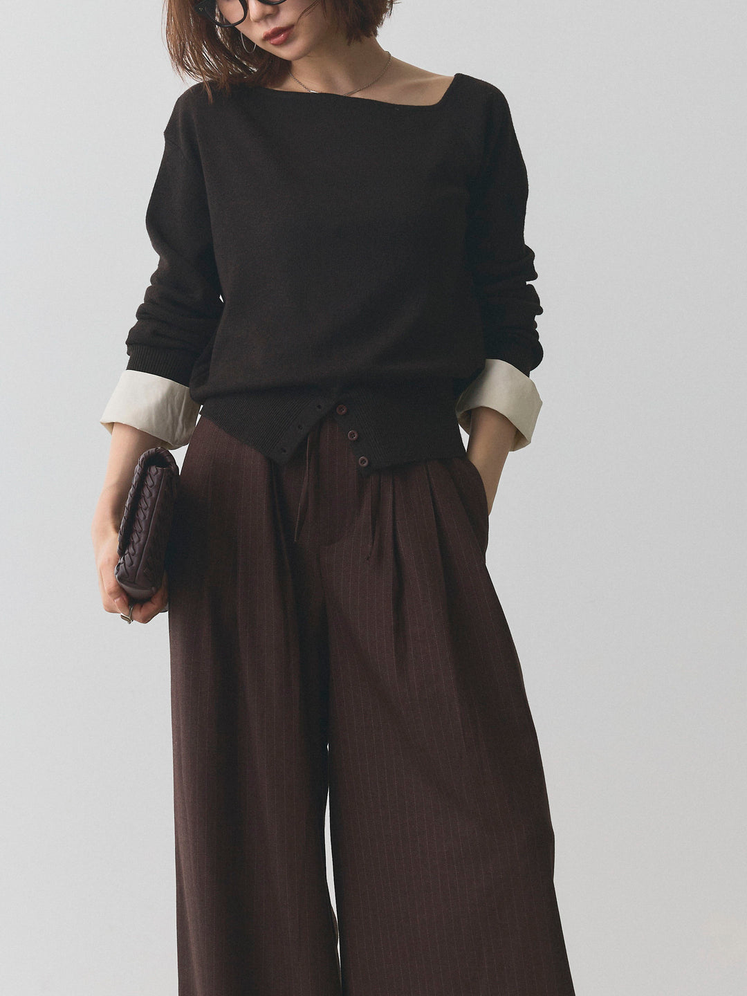 【Allure】[SET]シャツカフスフロントスリットニットプルオーバー+ウールライクストライプワイドパンツ(2set)