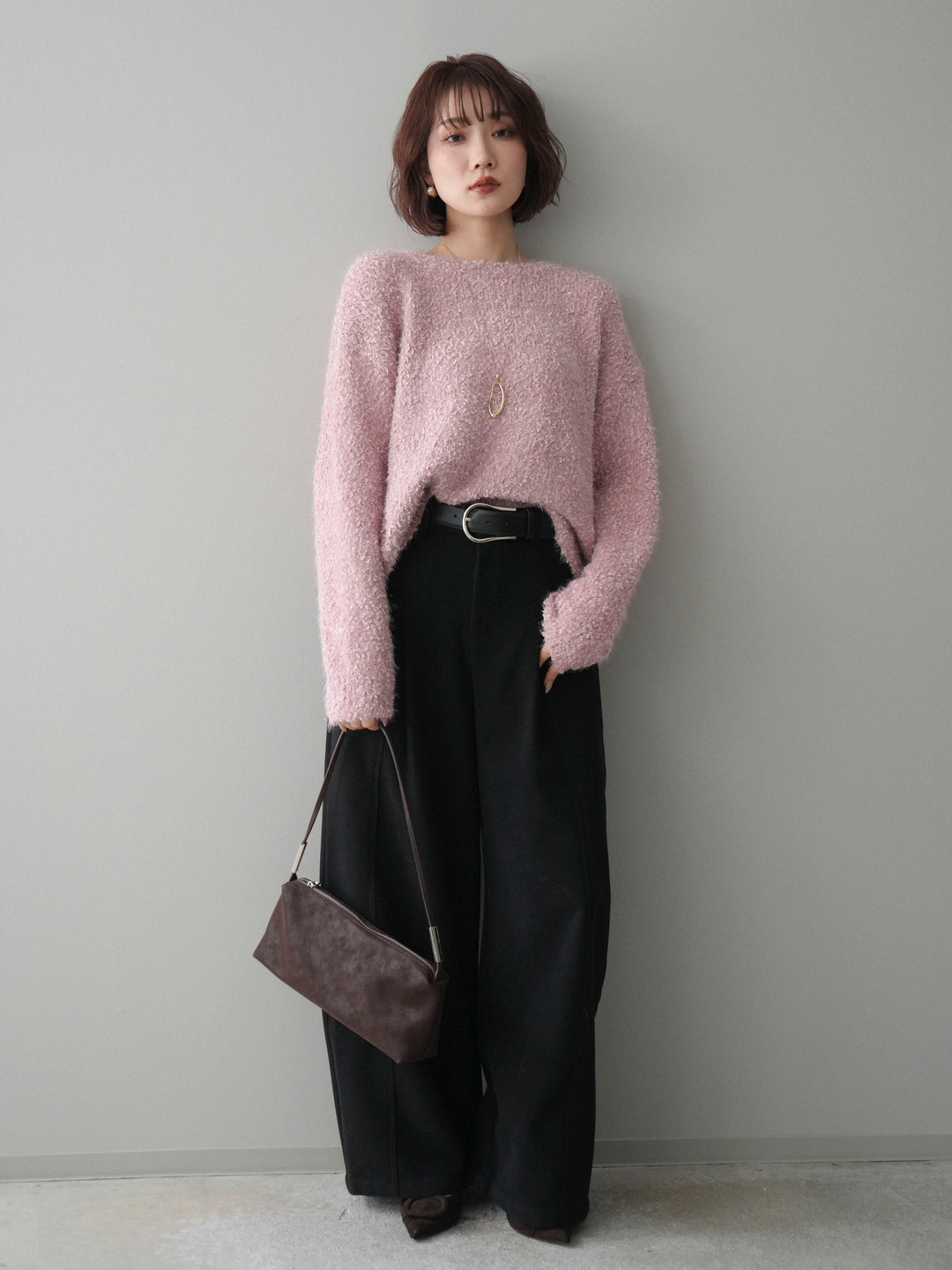 [SET]モールラメミックスヤーンニットプルオーバー+ベルト付起毛コクーンパンツ(2set)