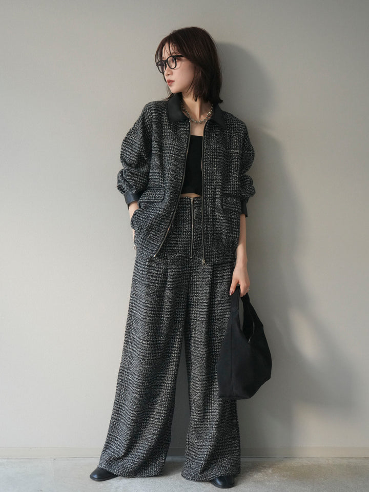 [予約]レザー襟ミックスツイードジャケット/black