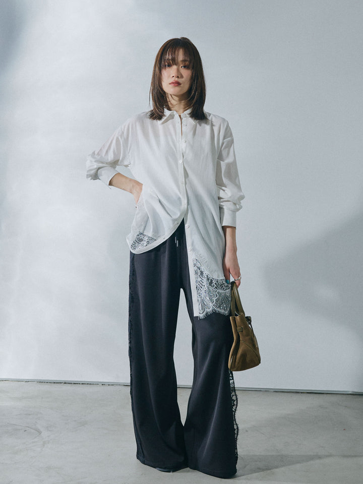 【Allure】[SET]裾レースポプリンシャツ+サイドピンタックレースイージーワイドパンツ(2set)