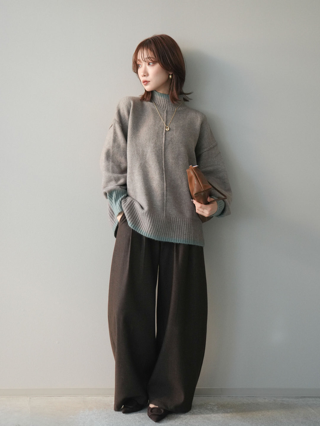 [予約]配色ハイネックニットプルオーバー/mosugraymint