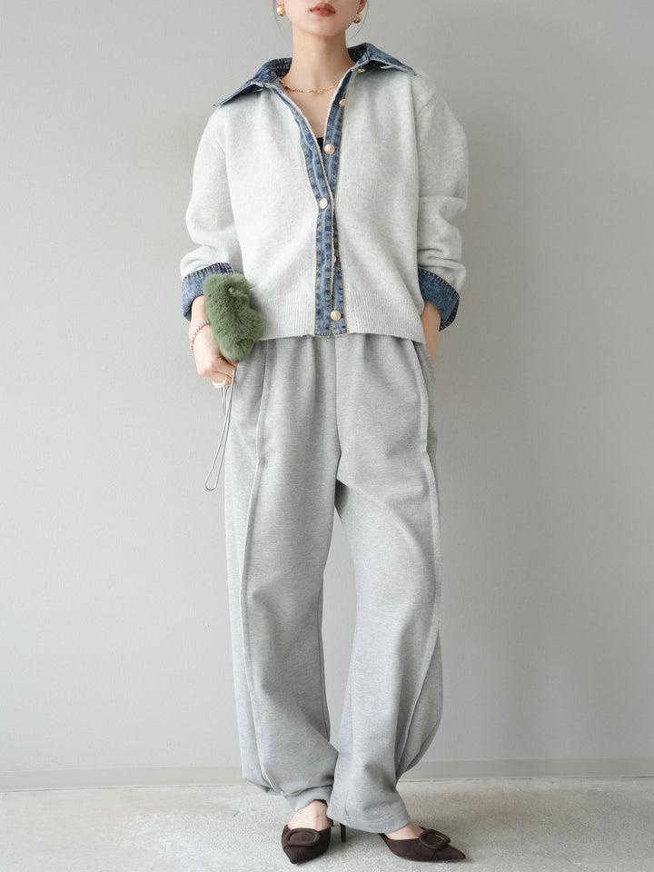 [SET]デニム襟ボタンニットカーディガン+2WAYデザインスウェットパンツ(2set)