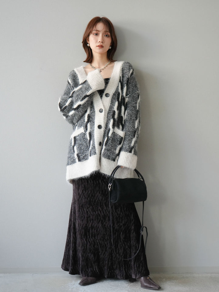 [SET]バイカラー編み込みデザインニットカーディガン+ベロアプリーツナロースカート(2set)