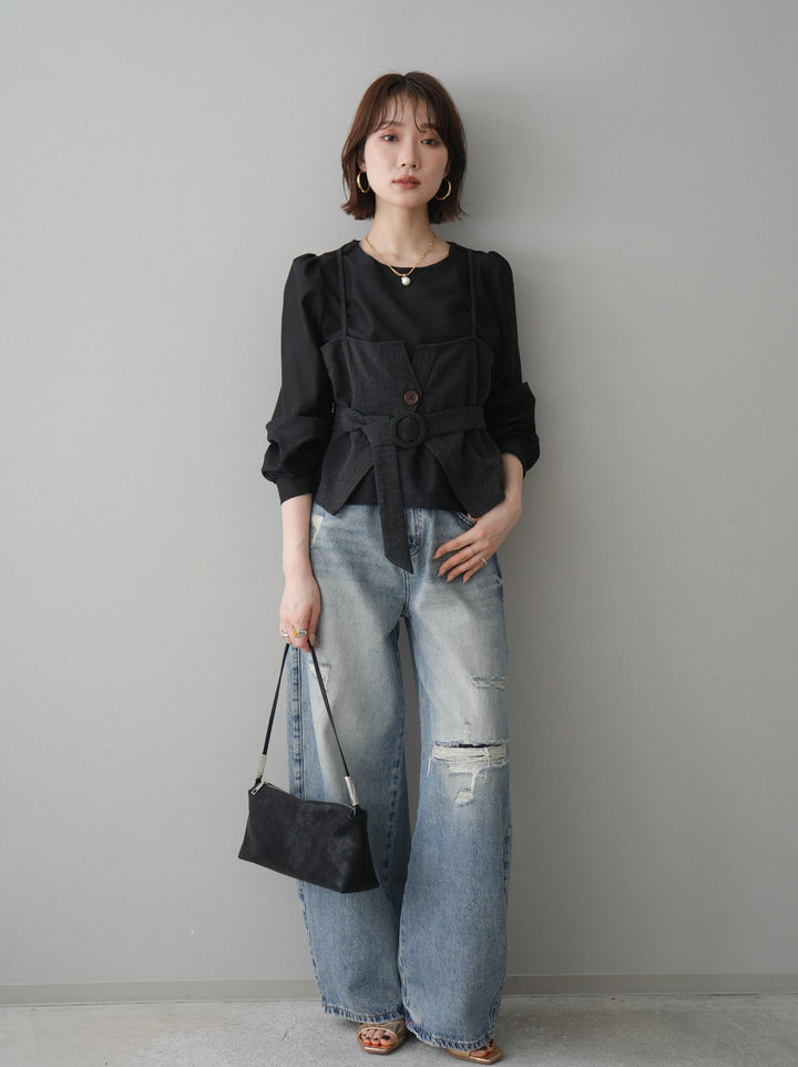 [予約]異素材ビスチェドッキングブラウス/black