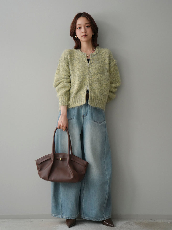 [SET]ミックスヤーンダブルZIPニットカーディガン+ベルト付裏起毛カーブデニムパンツ(2set)