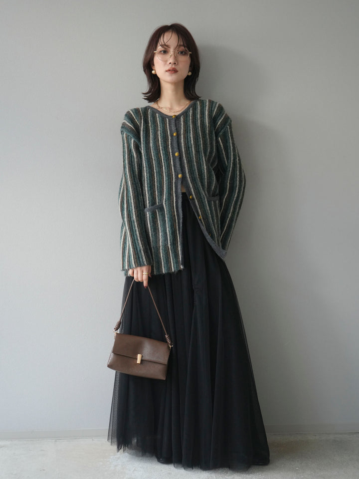 [予約]アンティークボタンストライプニットカーディガン/charcoal