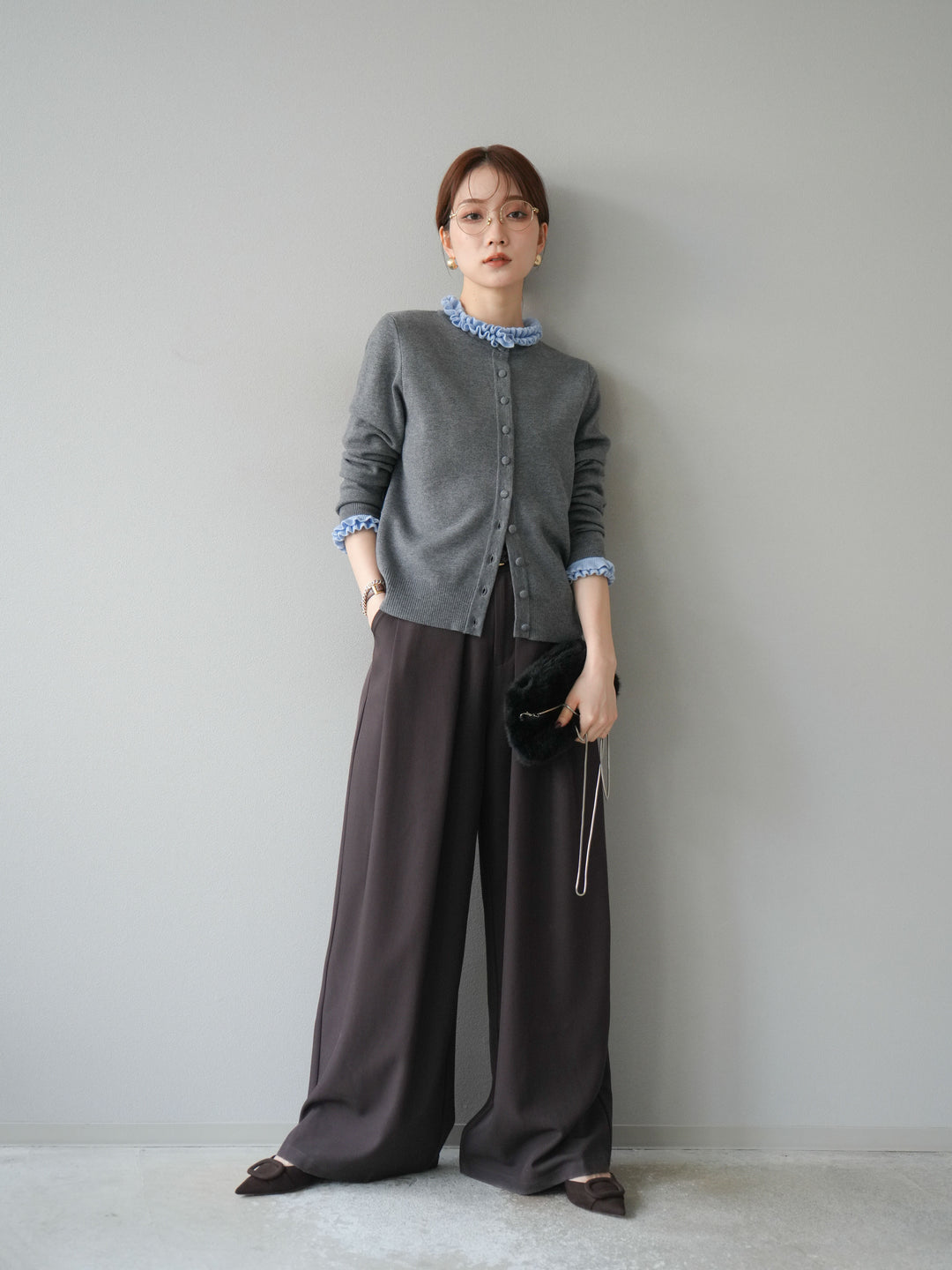 [予約]フリルデザインコンパクトニットカーディガン/グレー