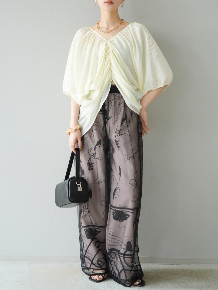 [SET]ボリュームスリーブシアータックブラウス+コード刺繍チュールレイヤードパンツ(2set)