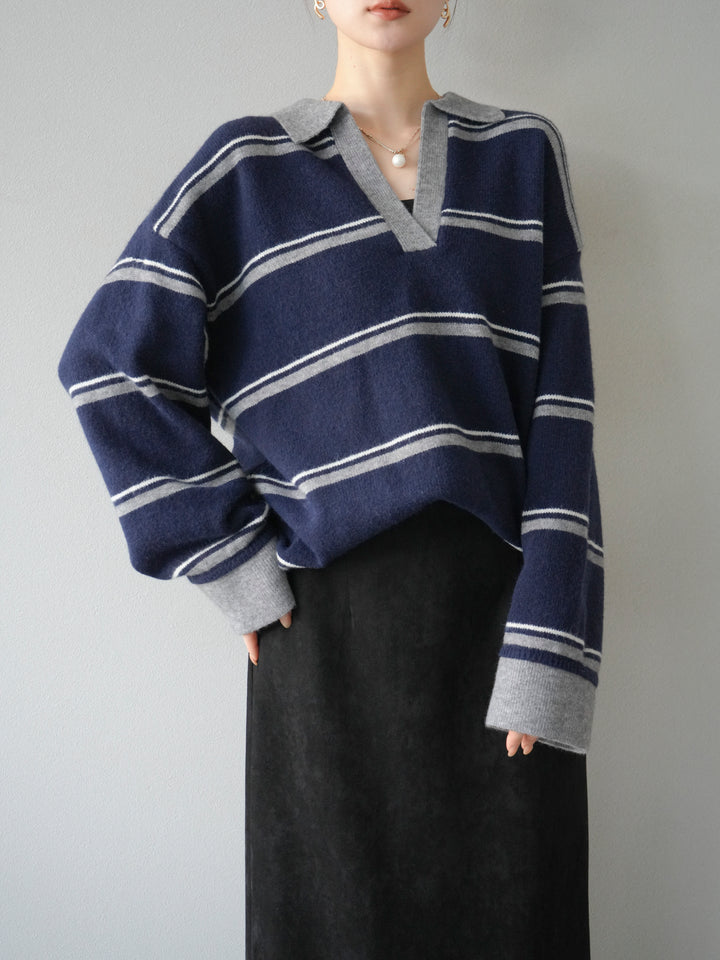 [予約]ポロ襟スキッパーボーダーニットプルオーバー/ネイビー