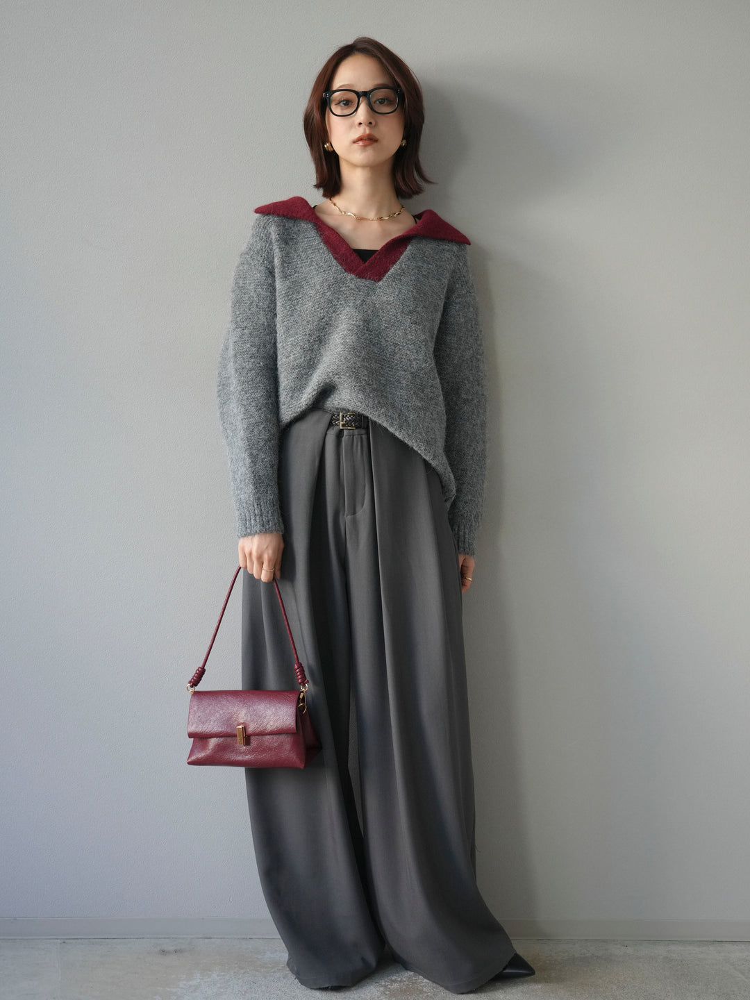 [SET]バイカラー襟付きニットプルオーバー+ベルトループデザインワイドパンツ(2set)