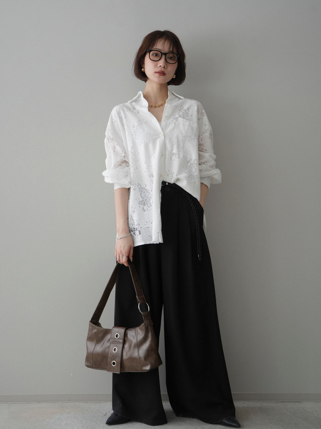 [予約]編み込みベルト付タックワイドパンツ/black