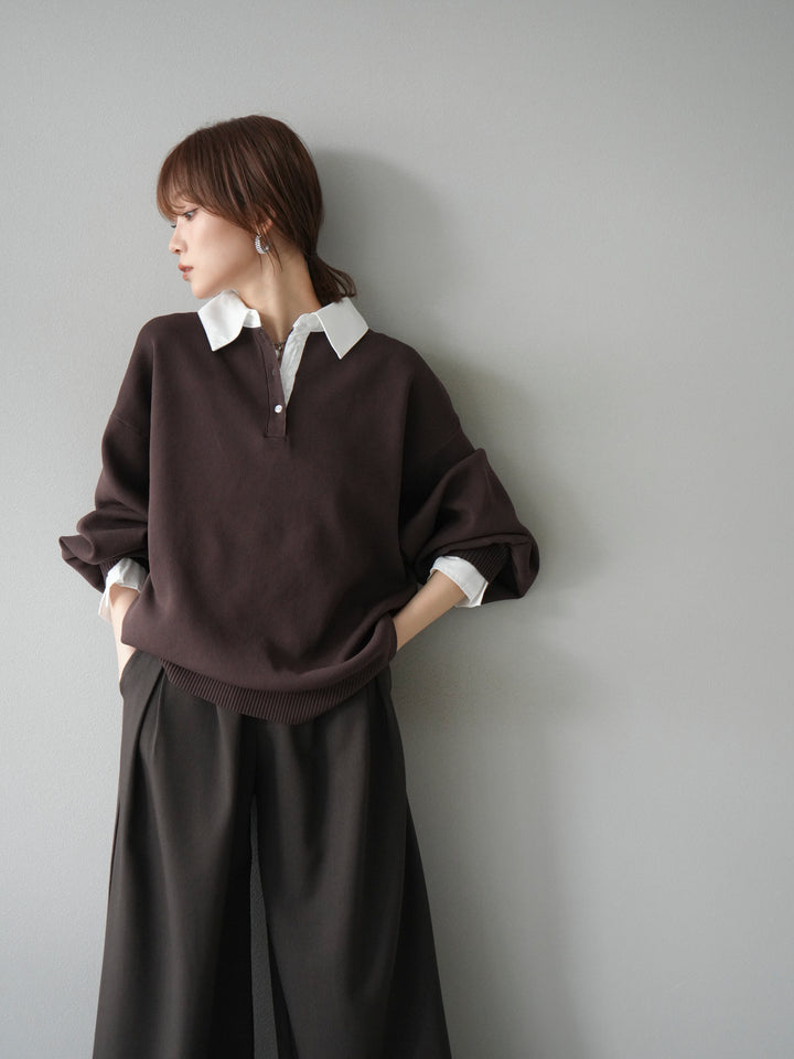 [預訂] 領口Polo針織套衫/棕色