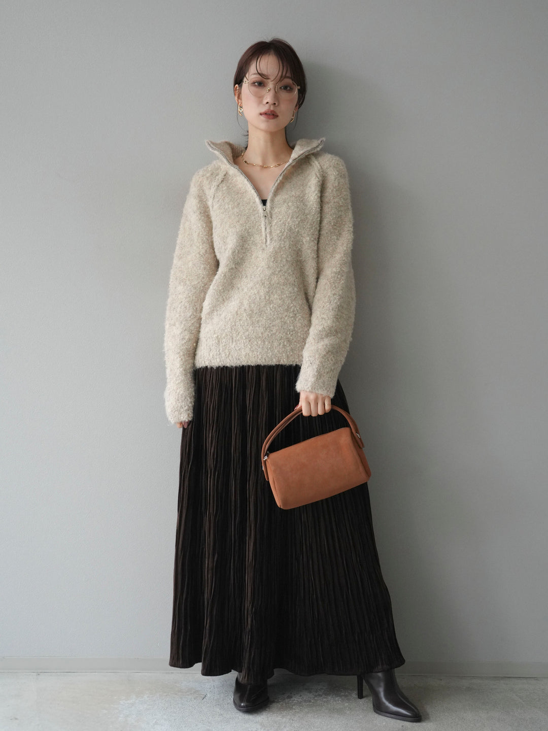 [予約]スタンドジップMIXブークレニットプルオーバー/beige