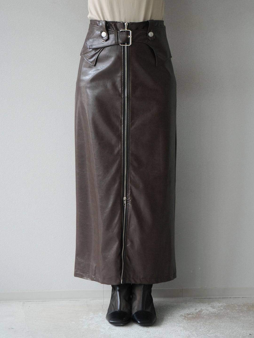 [予約]ベルトデザインレザータッチZIPタイトスカート/ブラウン