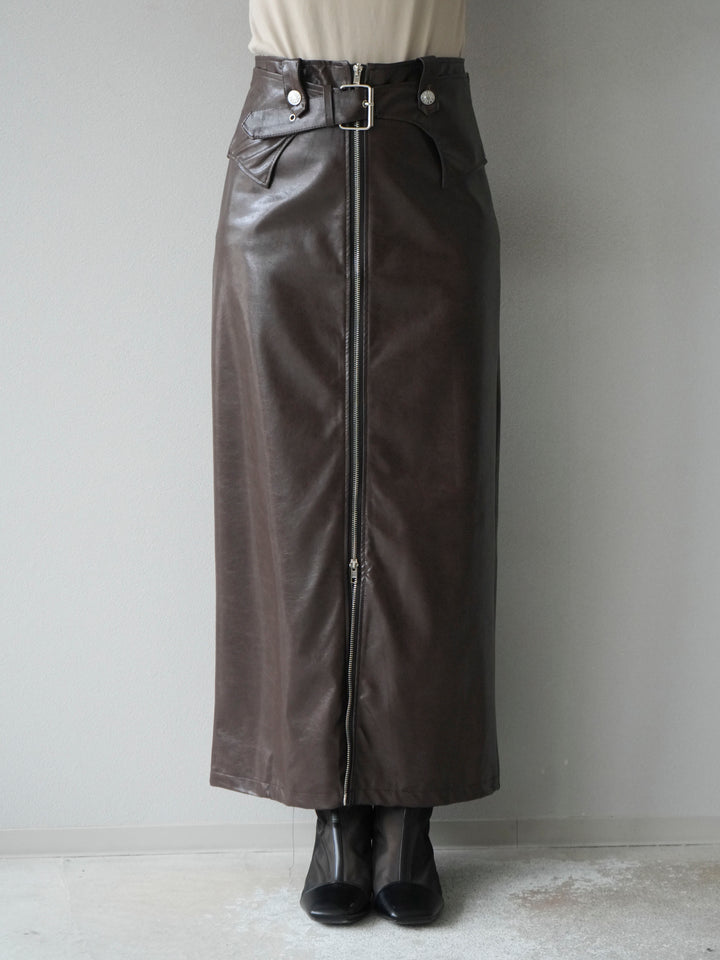 [予約]ベルトデザインレザータッチZIPタイトスカート/ブラウン