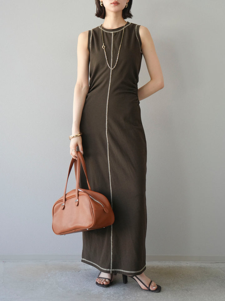 [予約]ウエストオープンステッチカットワンピース/ブラウン