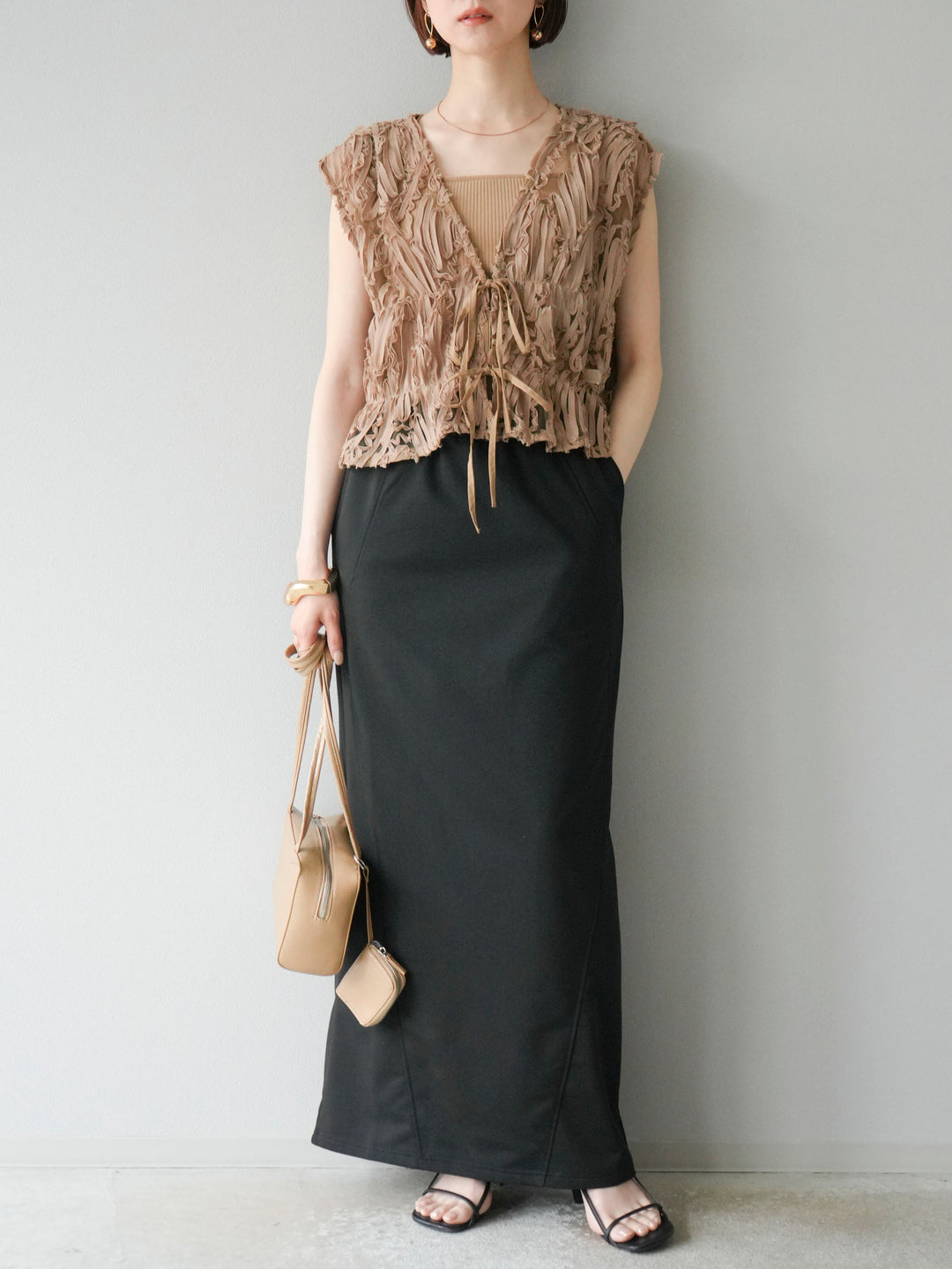 [SET]ジャガードレースリボントップス+スウェットロングスカート(2set)