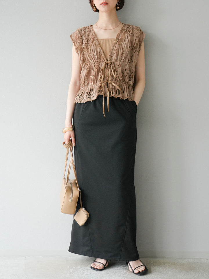 [SET]ジャガードレースリボントップス+スウェットロングスカート(2set)