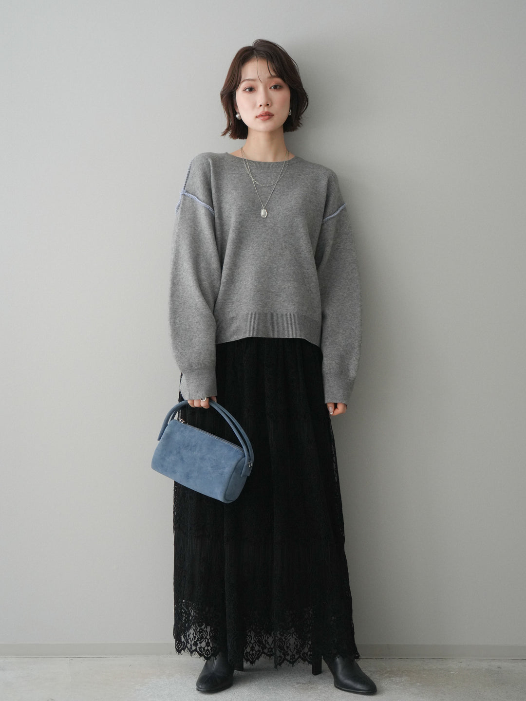 [予約]バックロゴ刺繍配色ステッチニットプルオーバー/gray